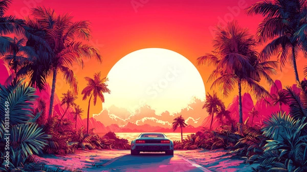 Fototapeta Retro car driving into a tropical sunset.