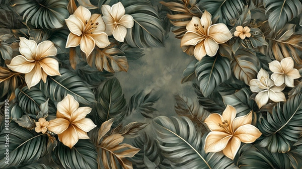 Fototapeta Elegant botanical pattern with tropical flowers and lush green leaves in exotic background