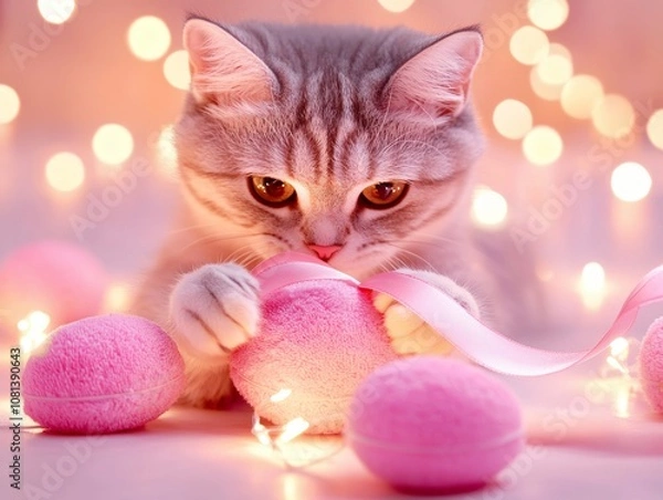 Fototapeta A playful kitten interacts with pink decorative eggs, surrounded by soft lights, creating a whimsical and festive atmosphere.