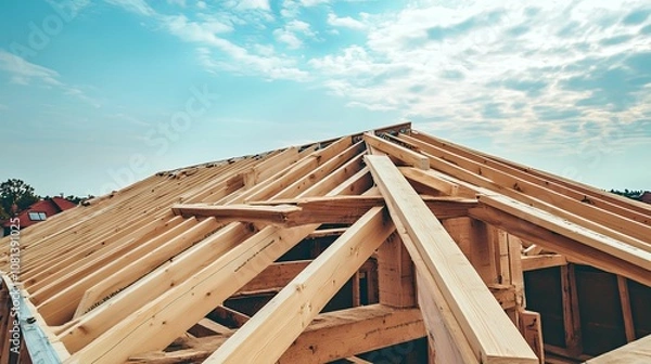 Fototapeta Wooden Roof Truss Framework Under Construction with Blue Sky and White Clouds