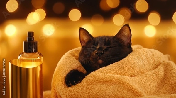 Fototapeta A cozy black cat wrapped in a soft towel next to a bottle of perfume, set against a warm, glowing background.