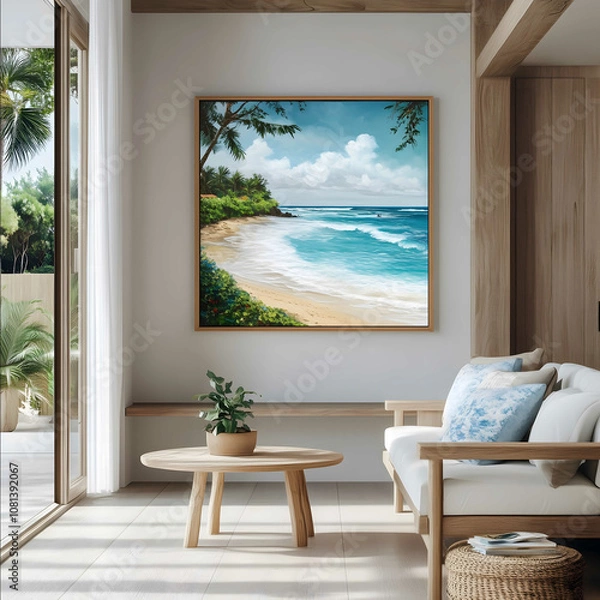 Fototapeta wire thin wooden frame with thin borders hanging in a room with a balcony overlooking a Hawaiian beach warm ocean friendly feelings 36 inches wide by 24 inches tall 32