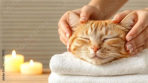 Obraz A peaceful orange cat enjoys a gentle massage, resting on a soft towel, surrounded by soothing candlelight for a calming atmosphere.