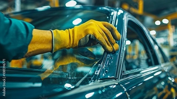 Obraz A gloved hand attaching a window to a car during manufacturing.