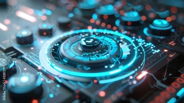 Fototapeta Futuristic control panel featuring a central circular interface emanating glowing blue light, surrounded by an array of buttons and intricate circuitry, evoking advanced technology and innovation