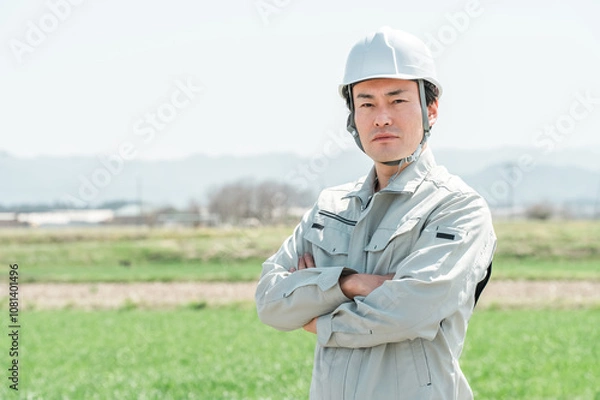 Fototapeta 田舎の田んぼに立つ作業着姿のミドル世代の作業員・職人・現場監督
