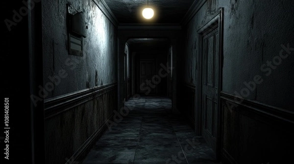 Fototapeta Dark and eerie hallway with an ominous atmosphere, evoking a sense of suspense and mystery. Shadows and dim lighting hint at hidden secrets buried in the past, creating an unsettling and intriguing 