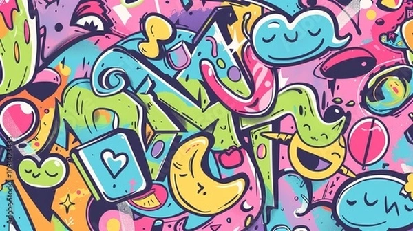Fototapeta Graffiti Line Cute Elements - a vibrant and playful design. The graffiti-style elements add a fun and creative flair to the visual.