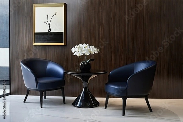 Fototapeta luxury design minimalist of home entryway with brown wooden wall, modern dark blue chair and table set and elegant white floor 