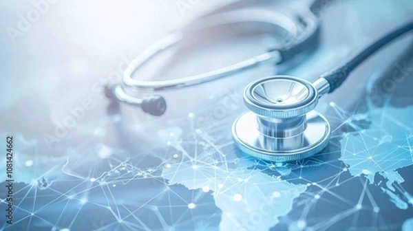 Fototapeta A stethoscope resting on a digital map representing global healthcare connections and advancements in medical technology