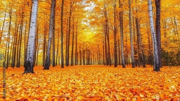 Fototapeta Golden Autumn Forest with Fallen Leaves
