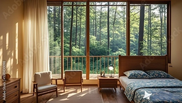 Obraz Charming bedroom with breathtaking forest view. Wake up to the sights and sounds of nature, offering a serene escape and a peaceful atmosphere for relaxation