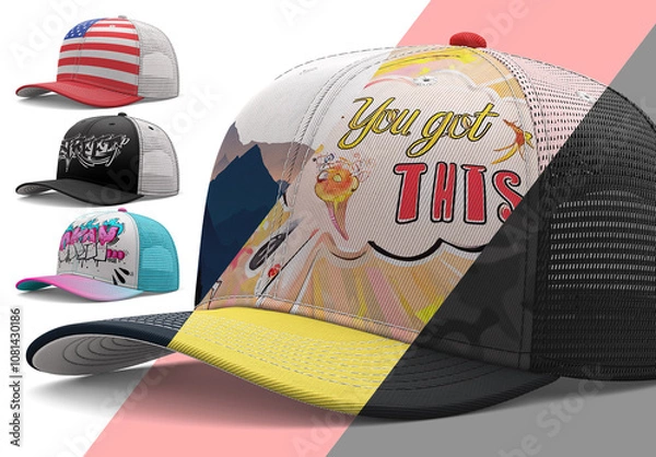 Fototapeta 6-Panel Trucker Hat Mockup PSD – Realistic Photoshop Template with Customizable Object Layer for Cap and Apparel Design