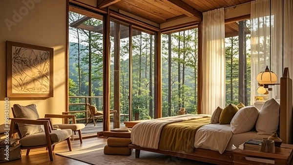 Obraz Charming bedroom with breathtaking forest view. Wake up to the sights and sounds of nature, offering a serene escape and a peaceful atmosphere for relaxation