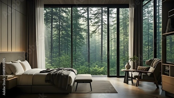 Obraz Charming bedroom with breathtaking forest view. Wake up to the sights and sounds of nature, offering a serene escape and a peaceful atmosphere for relaxation