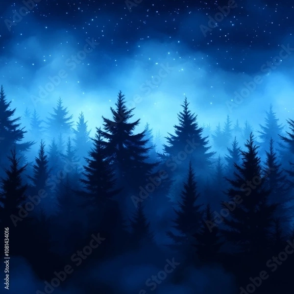 Fototapeta A dark forest at night with a dense fog and a starry sky.