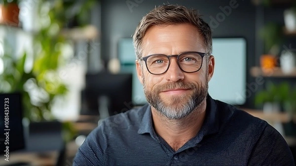 Fototapeta Portrait of a thoughtful middle aged businessman wearing a suit and tie sitting in a corporate office environment and contemplating business strategy and decision making  He has a serious