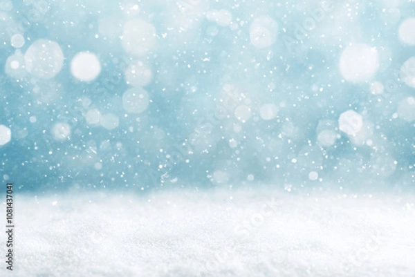 Fototapeta Snowfall with soft blue tones, creating a tranquil winter background with bokeh light effects. Ideal for seasonal banners.