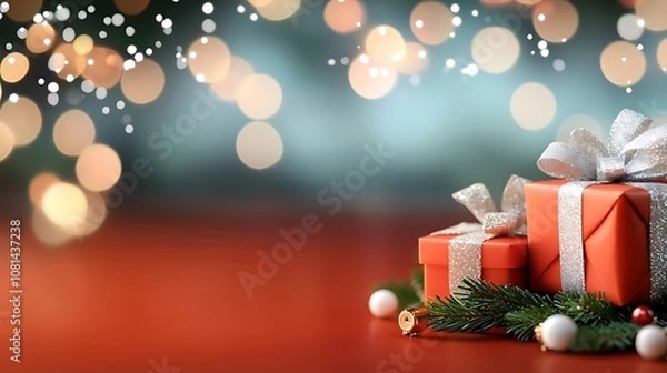 Fototapeta Beautifully Wrapped Holiday Gifts with Festive Bokeh Lights and Ornaments  Elegant Christmas presents on a cozy winter themed background with shimmering lights pine branches and decorative elements