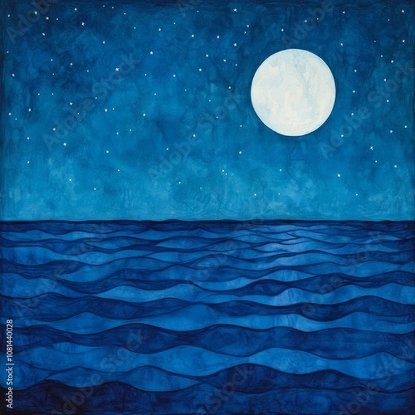 Obraz A starry night sky with a full moon shining over calm blue ocean waves.