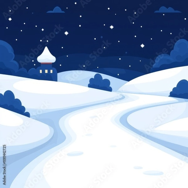 Fototapeta A winding snowy path leads to a small house under a starry night sky.