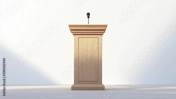 Fototapeta Simple wood podium in a shadowy room with microphone puplic speaking speech political background for politics or election concept