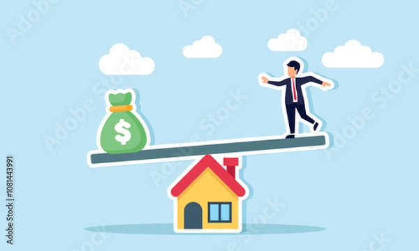 Obraz A board sits atop a house like a seesaw with a businessman on one end and a money bag on the other, illustration of balancing finances and business property assets