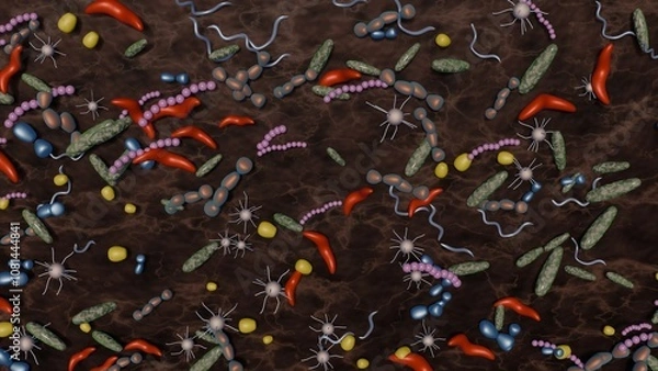 Obraz Soil microbiome. Bacteria, microbes in soil.  Many micro-organisms in soil. Microscopic life underground below the earth.  3d render illustration