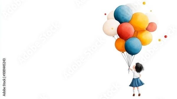 Fototapeta Joyful Girl Flying with Colorful Balloons Whimsical Illustration