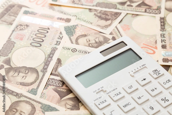 Fototapeta たくさんのお金と電卓