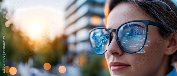Fototapeta Portrait of a focused and dedicated professional woman wearing eyeglasses and reflecting digital data and coding on a computer screen in an urban office setting during a vibrant sunset