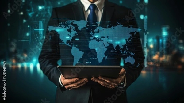 Fototapeta A man holding a computer, wearing a suit, virtual interface, world map
