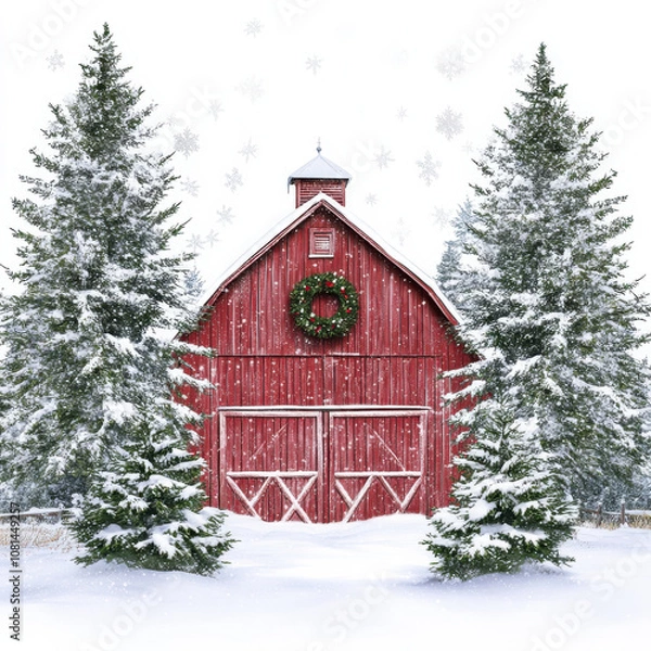 Obraz red barn surrounded by snow covered trees, adorned with wreath, creates serene winter scene. Snowflakes gently fall, enhancing peaceful atmosphere