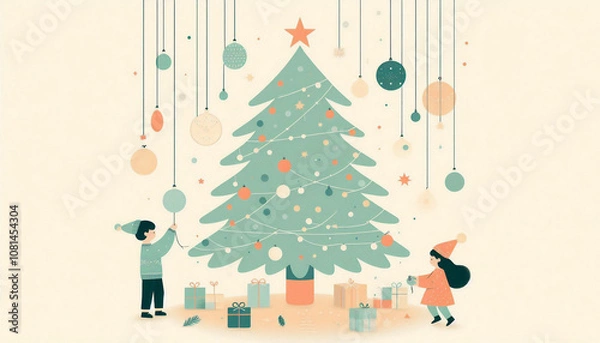 Obraz 子どもたちがクリスマスツリーを飾り付けしているイラスト