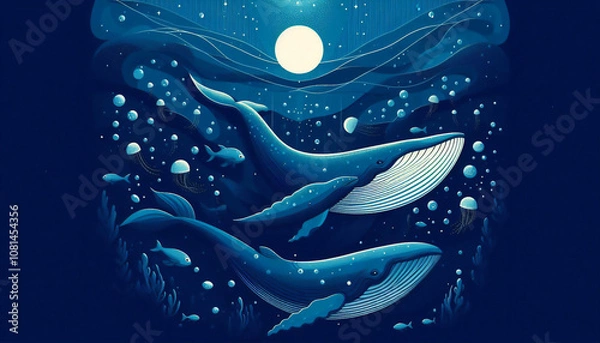 Obraz 深海で泳ぐクジラのポップなイラスト