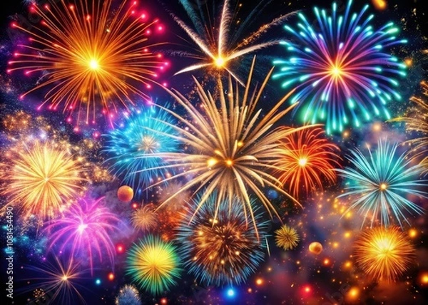 Obraz Stunning Macro Photography of Colorful Fireworks Display Exploding in the Night Sky with Vibrant Colors and Copy Space for Celebratory Themes and Events