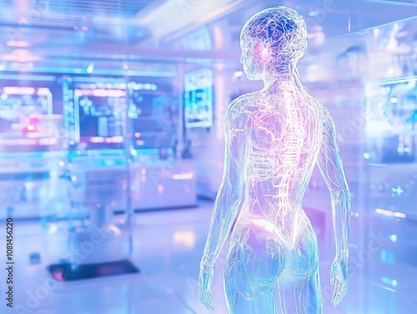 Fototapeta Futuristic Woman with Translucent Holographic Body in Sci-Fi Setting