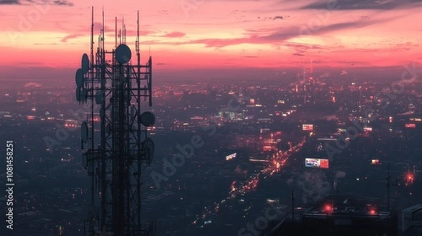 Obraz Cityscape with Cell Tower at Sunset