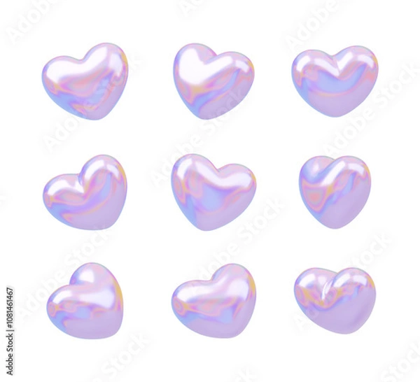 Fototapeta 3D holo heart in different color. Holographic vector Valentines day symbol in different view. Realistic romantic symbol in various angles. Chrome love icons isolated on a white. Love concept