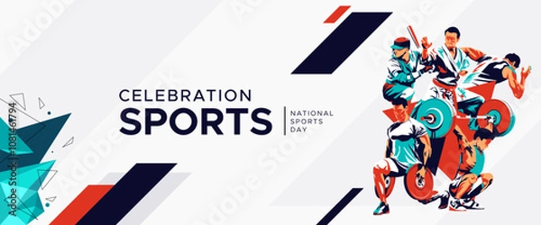 Fototapeta National championship sports banner design with illustrations of martial arts athletes, weightlifters, runners and base ball players. Abstract silhouette style isolated on sporty abstract background