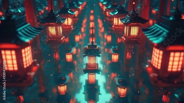 Fototapeta Enchanting Nightscape of Illuminated Lanterns in a Mystical Forest, Featuring Vibrant Colors and Dreamy Depth in a Surreal Underwater Atmosphere