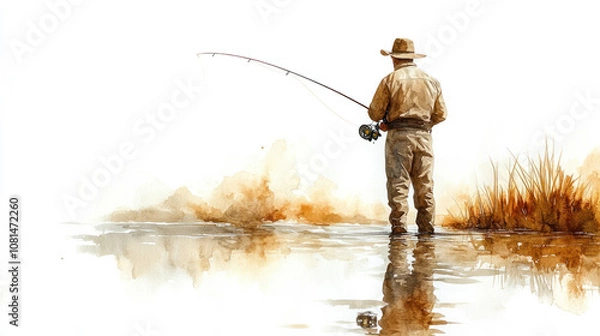 Fototapeta Brown watercolor painting of a fisherman in a stream making a cast