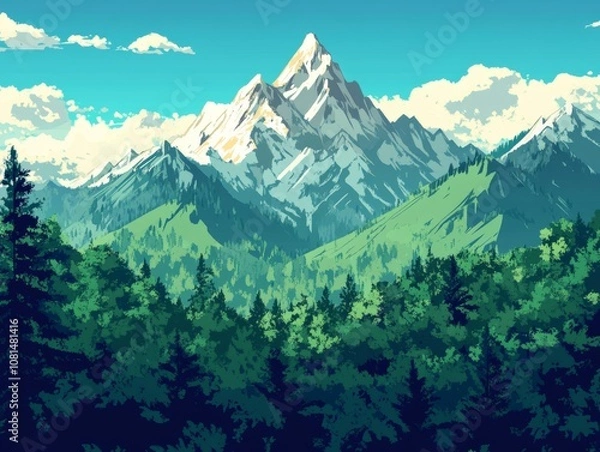Fototapeta A serene mountain landscape with lush forests and clear skies, evoking tranquility and nature.