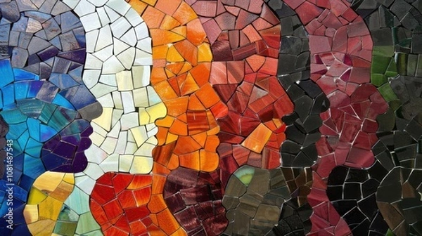 Obraz A modern art depiction of diverse faces in profile against a mosaic of colors, Representing cultural diversity, photography style