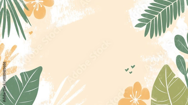 Fototapeta A peach colored background with green and white tropical leaves and flowers around the border, perfect for adding text or images.