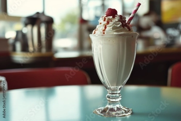 Fototapeta Milkshake with whipped cream and a cherry.