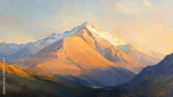 Fototapeta A majestic snow-capped mountain peak bathed in the warm glow of the setting sun, casting long shadows over the surrounding valleys.