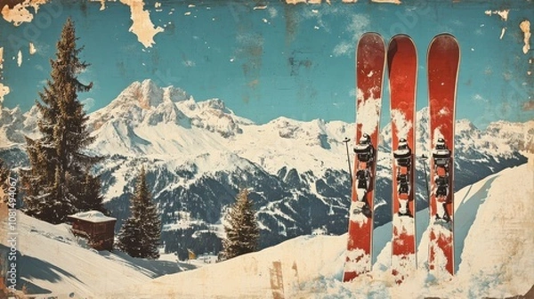 Obraz Vintage ski poster with mountain scene.