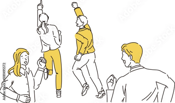 Obraz 元気よく笑顔で走るビジネスマンとビジネスウーマンの全身と後ろ姿のシンプルなイラスト素材