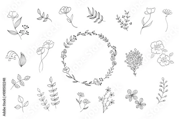 Fototapeta シンプルな植物の線画イラストセット